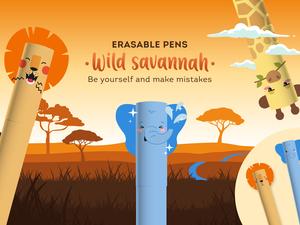 Legami Set of 3 Erasable Gel Pens - Savannah (Lion, Elephant & Giraffe)