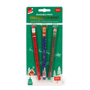 Legami Set of 3 Erasable Pens - Christmas Stationery Naughty or Nice - Santa, Reindeer & Elf