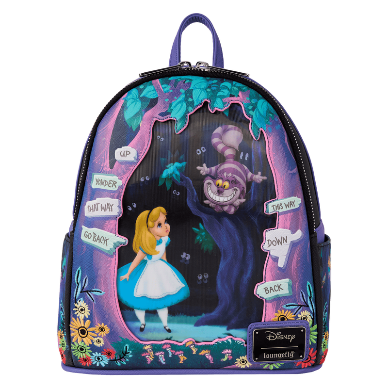 Loungefly Backpack with Alice in Wonderland lenticular design featuring Alice and Cheshire Cat.