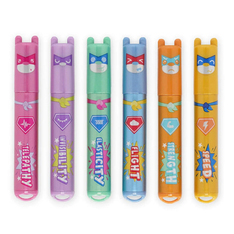 Set of 6 colorful superhero-themed highlighters on a white background