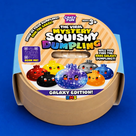 The Viral Mystery Squishy Dumpling Galaxy Edition toy set by Crazy Fun, shown in its circular cardboard packaging on a solid blue background. The packaging features a variety of colorful cartoon dumplings and a clear window displaying the beige plastic dumpling inside.