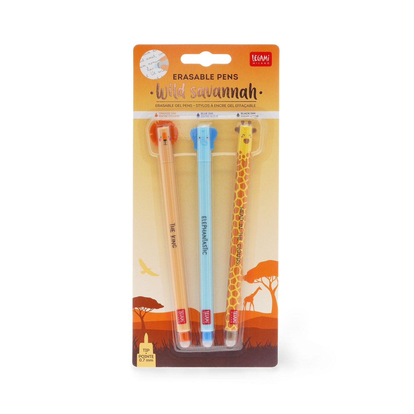 Legami Set of 3 Erasable Gel Pens - Savannah (Lion, Elephant & Giraffe)