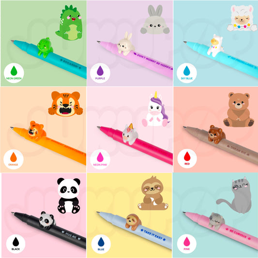 Legami Lovely Friends Gel Pens with Animal Charms - Refillable - Hippo, Bee, Sloth, Koala, Cat, Unicorn, Panda, Dinosaur, Tiger, Bunny, Llama, Bear