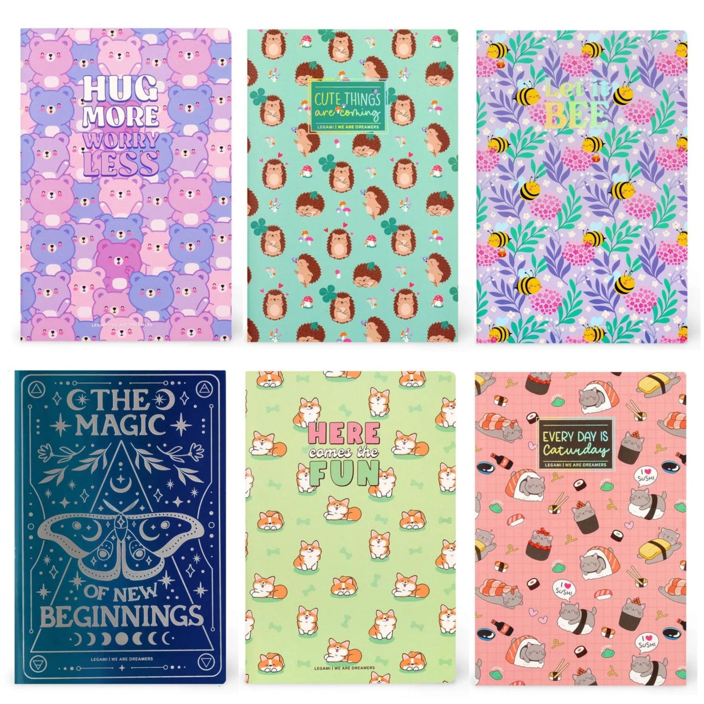 Legami A5 Lined Notebook - Ideal for Note-Taking - Teddy, Bee, Moth, Hedgehog, Flowers