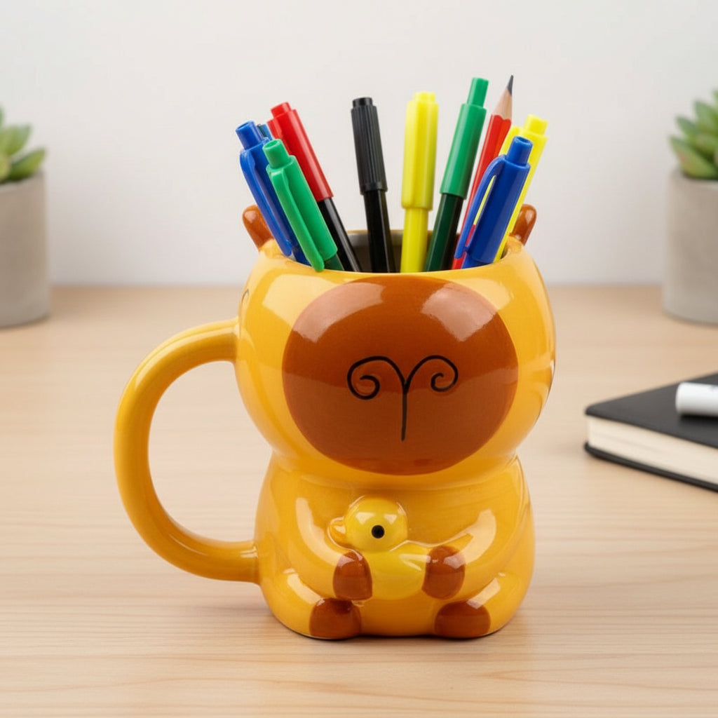Capybara shaped mug with pens inside, the capybara is holding a duck