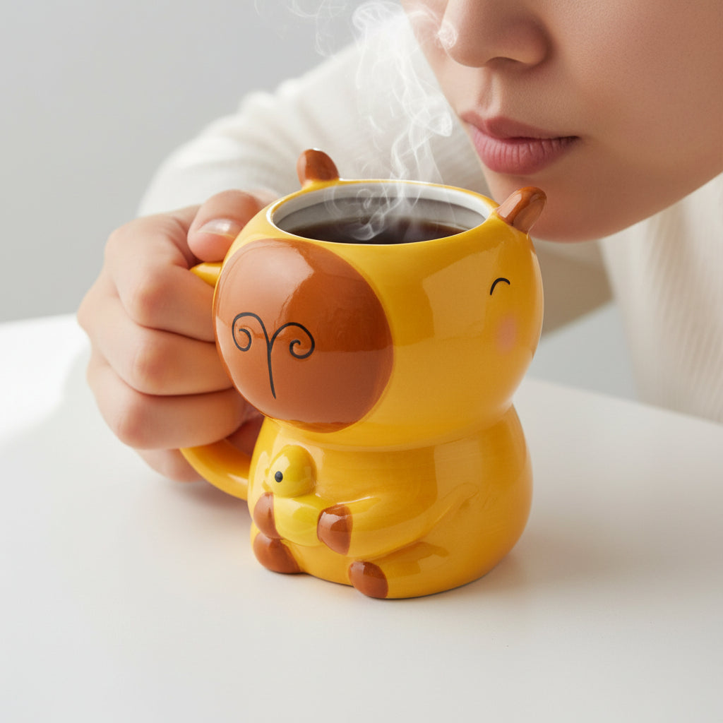 Capybara shaped mug with a hot drink