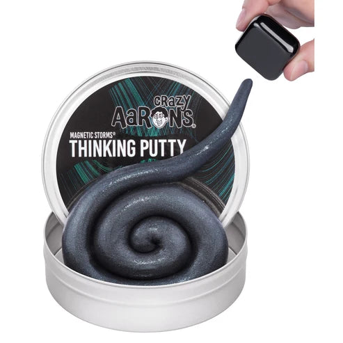 Crazy Aaron's Thinking Putty with magnetic putty being pulled out of a container