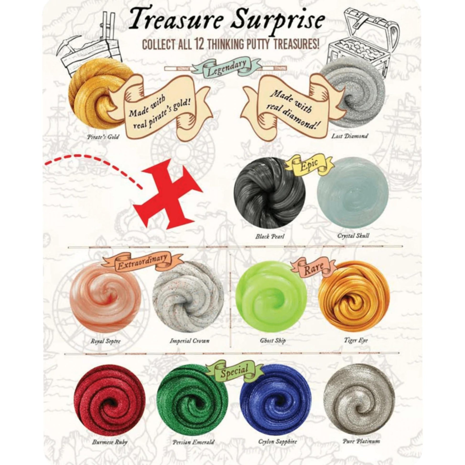 Promotional poster for 'Treasure Surprise' putty collection with various colors and descriptions.