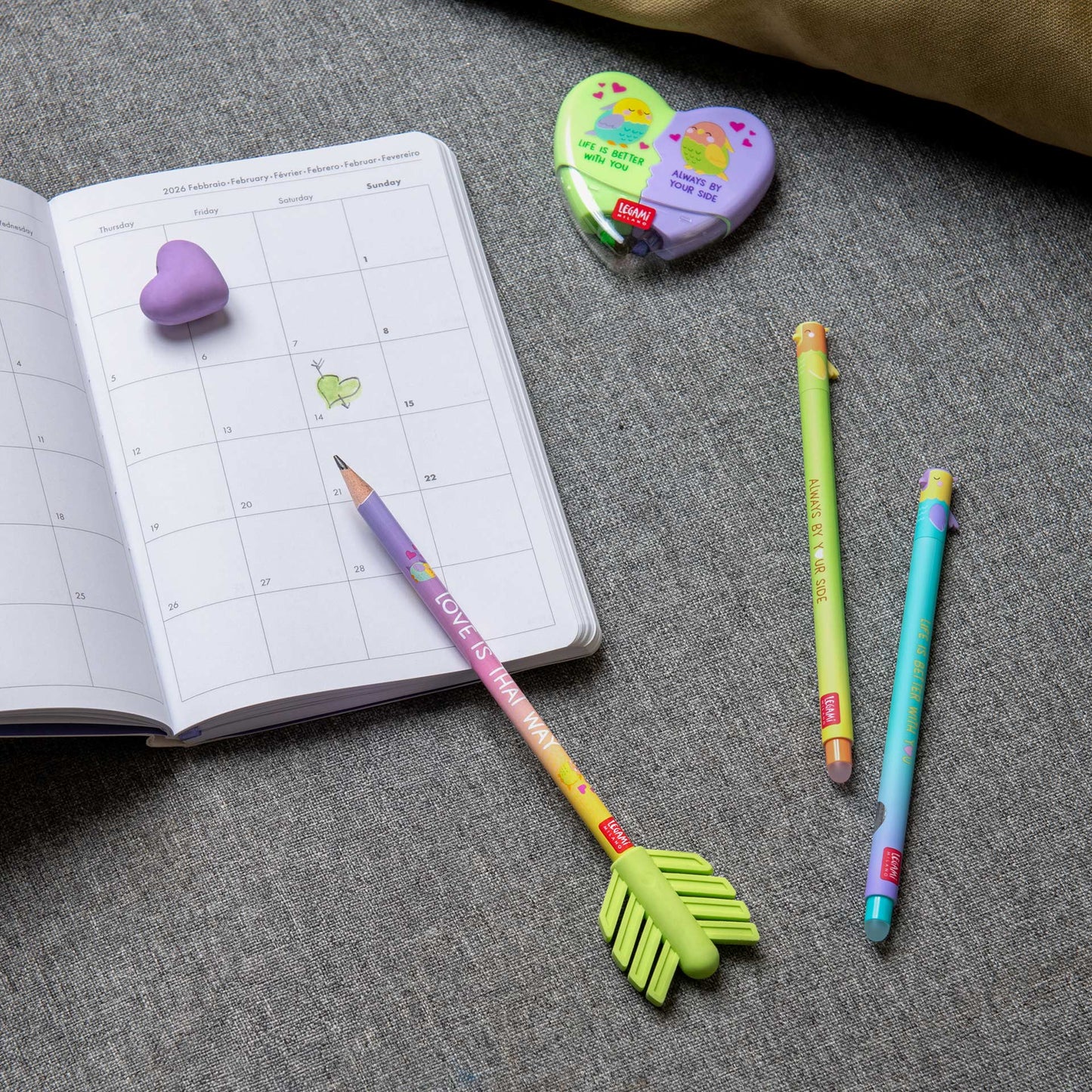 Legami Valentine’s Day Stationery Collection – Erasable Gel Pens, Heart Highlighter, Deco Stamp, Cupid Pencil & Heart Crayons