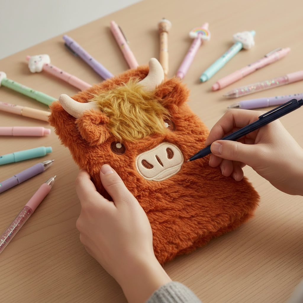 Plush Highland cow notebook with horns and a fluffy mane