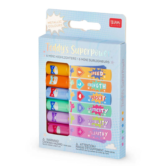 Packaging of Legami Teddy's Superpower mini highlighters with colorful design on a white background