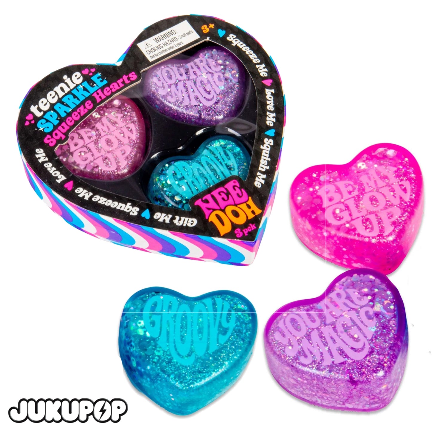 NeeDoh Teenie Sparkle Squeeze Hearts - Anti Stress Sensory ADHD Fidget Toy, 3 Pack, Non-toxic Maltose Sugar - Valentine's Day Gift