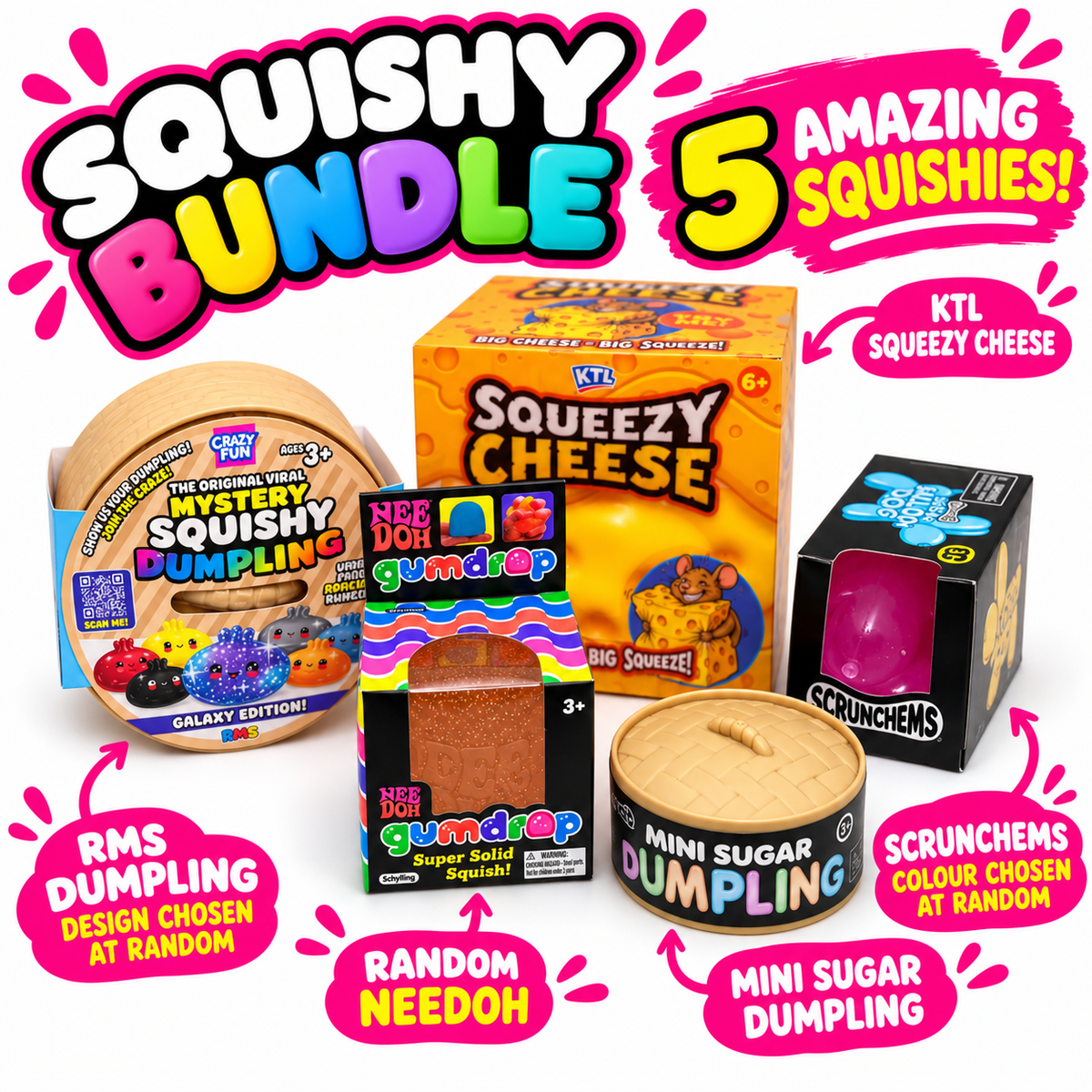 A promotional bundle graphic for a 'Squishy Bundle 5 Amazing Squishies!' featuring five toy products and their packaging on a white background with colorful text callouts. The products include a Galaxy Edition Mystery Squishy Dumpling, Squeezy Cheese box, Scrunchems box, Random Needoh box, Mini Sugar Dumpling tin, and a pink Squishy Ball.