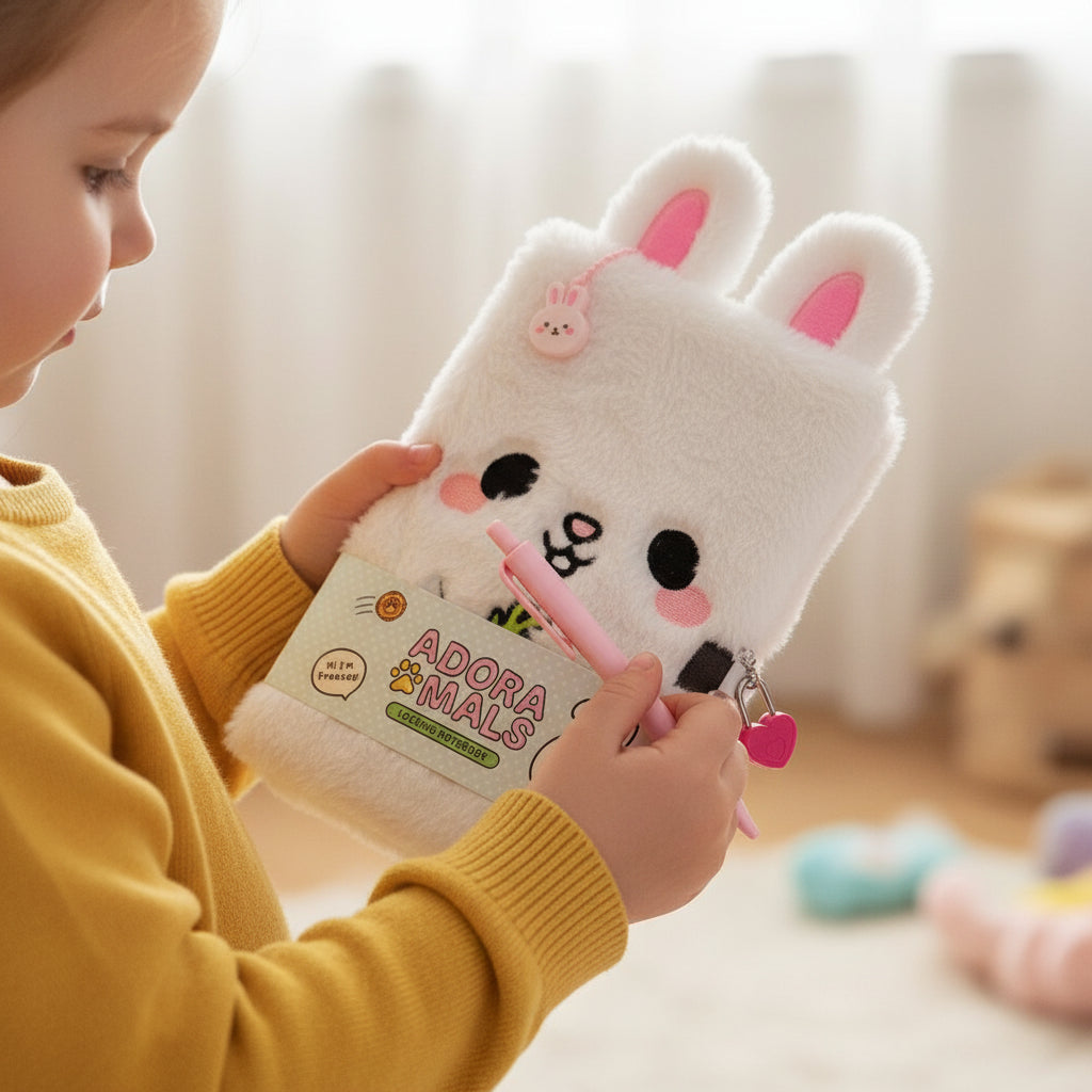 Plush notebook with bunny ears and face, featuring 'Adorama Mals' branding on a white background.