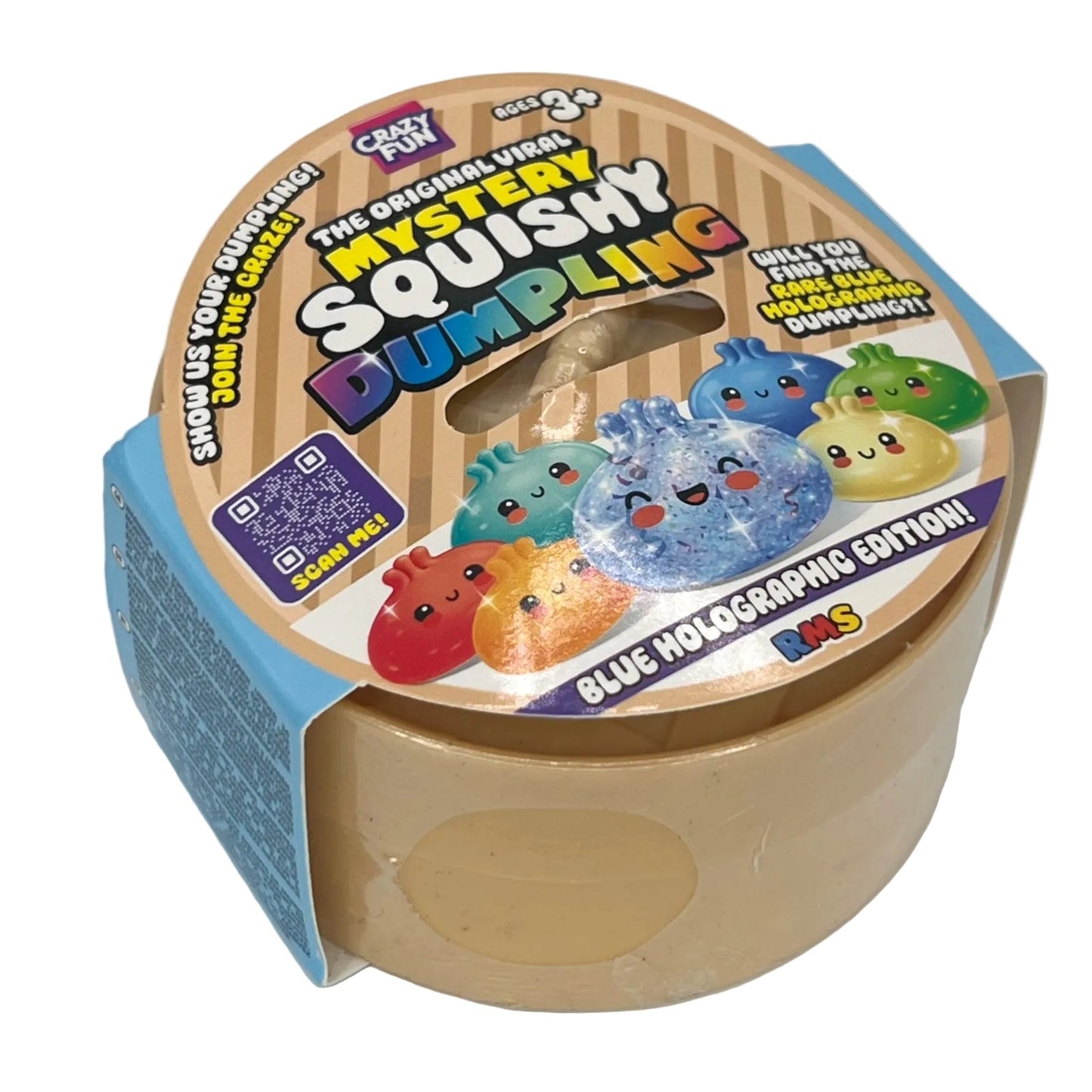 Mystery Squishy Dumpling toy packaging with colorful dumplings on a white background