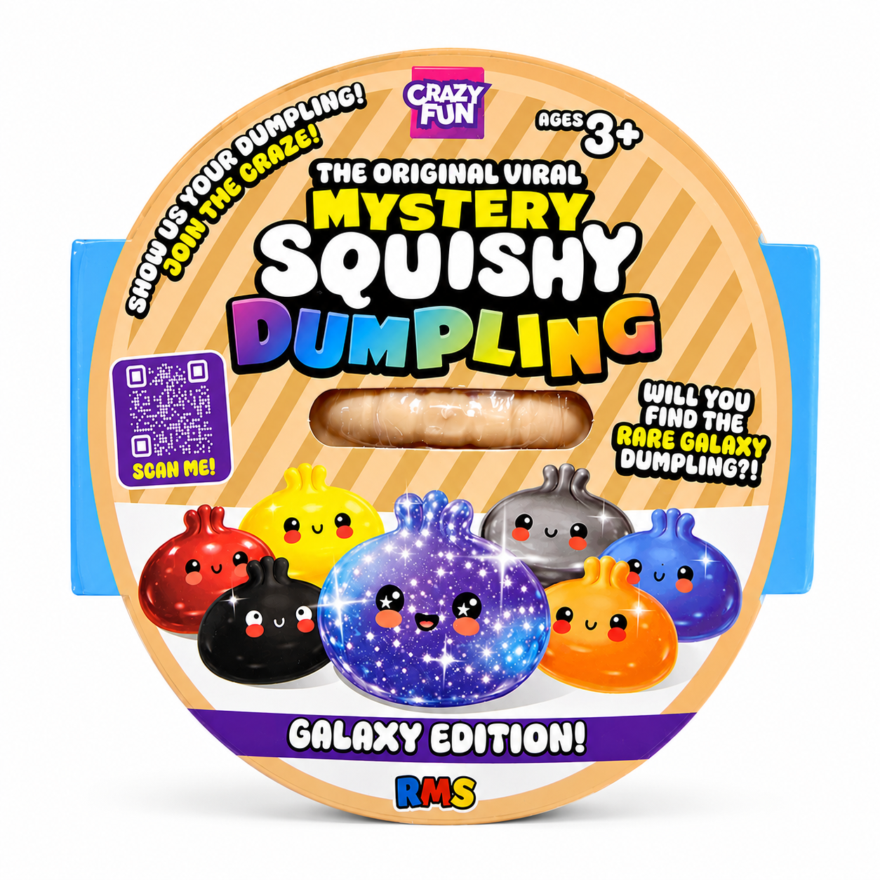 A round toy package for 'The Original Viral Mystery Squishy Dumpling Galaxy Edition!' by Crazy Fun. The packaging features a light orange and beige striped background with a clear window showing a brown squishy dumpling inside.