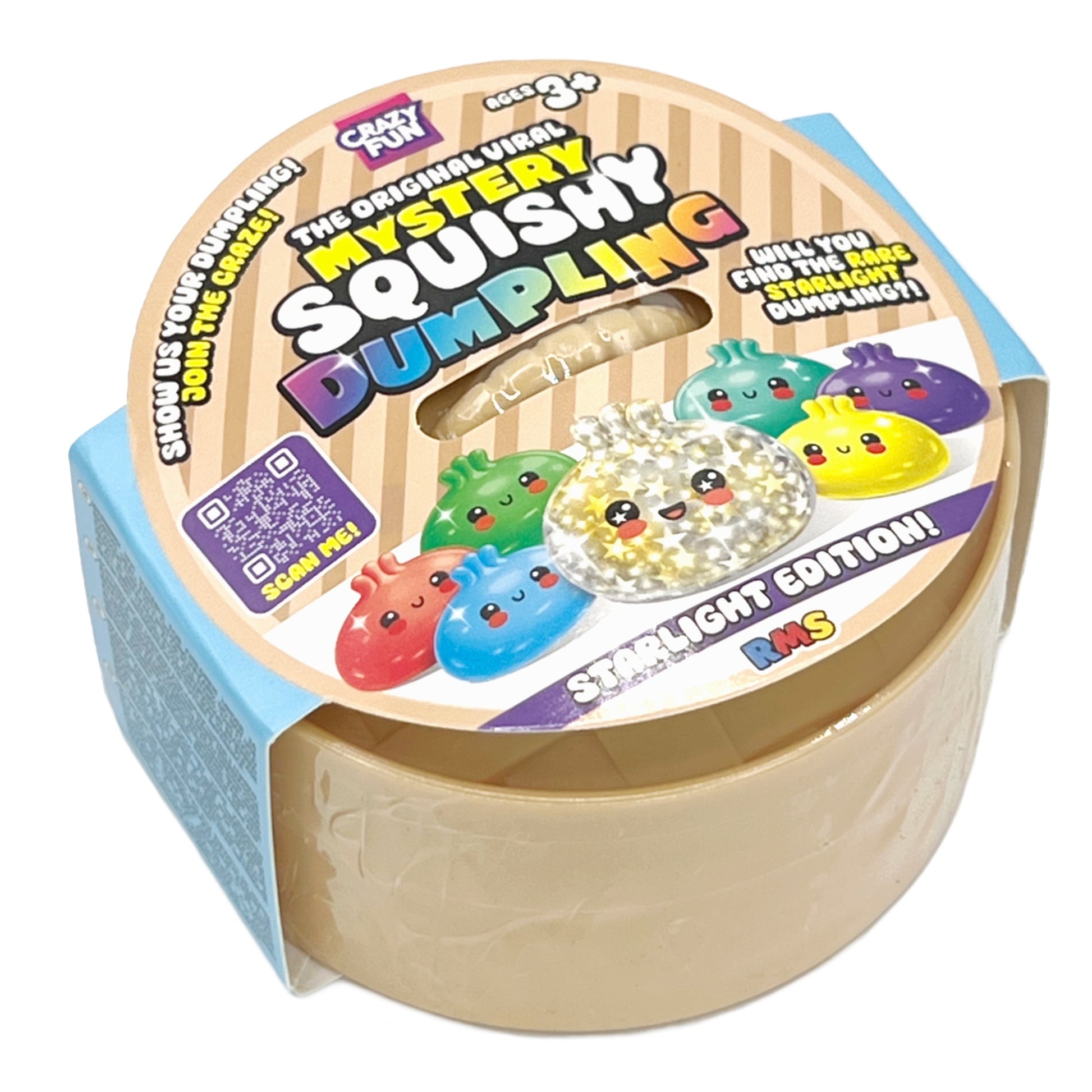 Mystery Squishy Dumpling toy packaging with colorful dumplings on a white background
