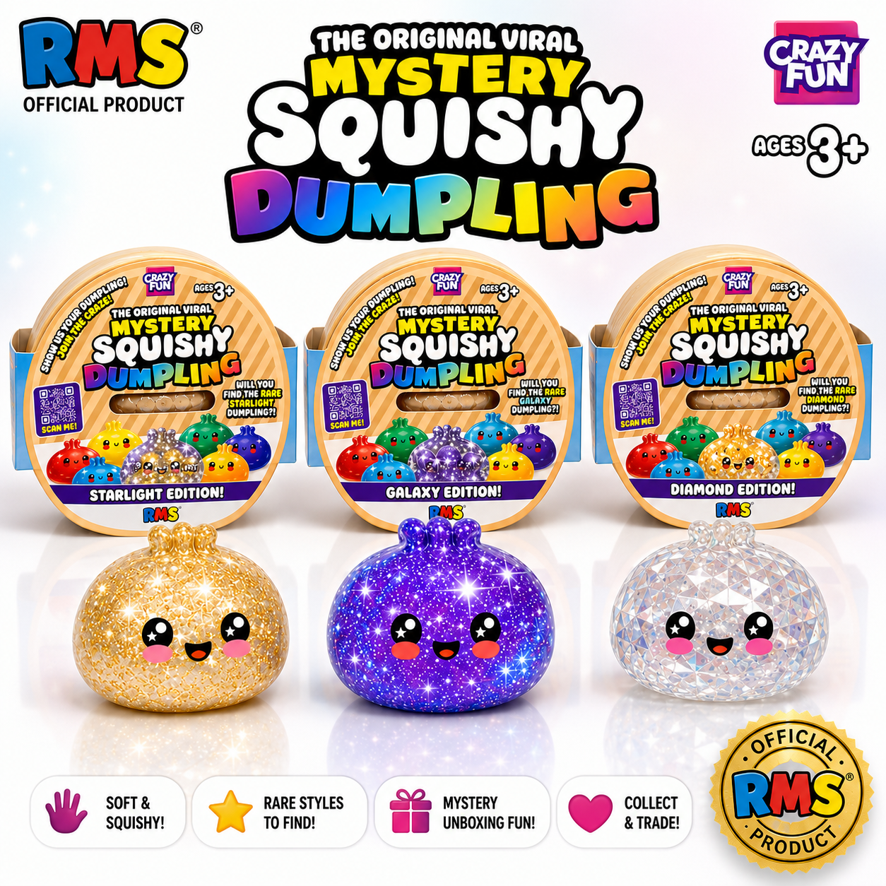 RMS Official Product's 'The Original Viral Mystery Squishy Dumpling' set, showing three round packages labeled Starlight Edition, Galaxy Edition, and Diamond Edition above three cute squishy dumplings in gold glitter, purple glitter, and clear glitter.