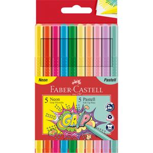 Faber-Castell Set of 10 Felt Tip Pens - Grip Colour Marker Neon and Pastel