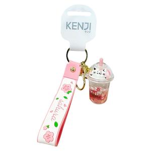 Kenji Boba Tea Cat Sensory Kawaii Keyring with Carry Strap and Liquid-Filled Charm