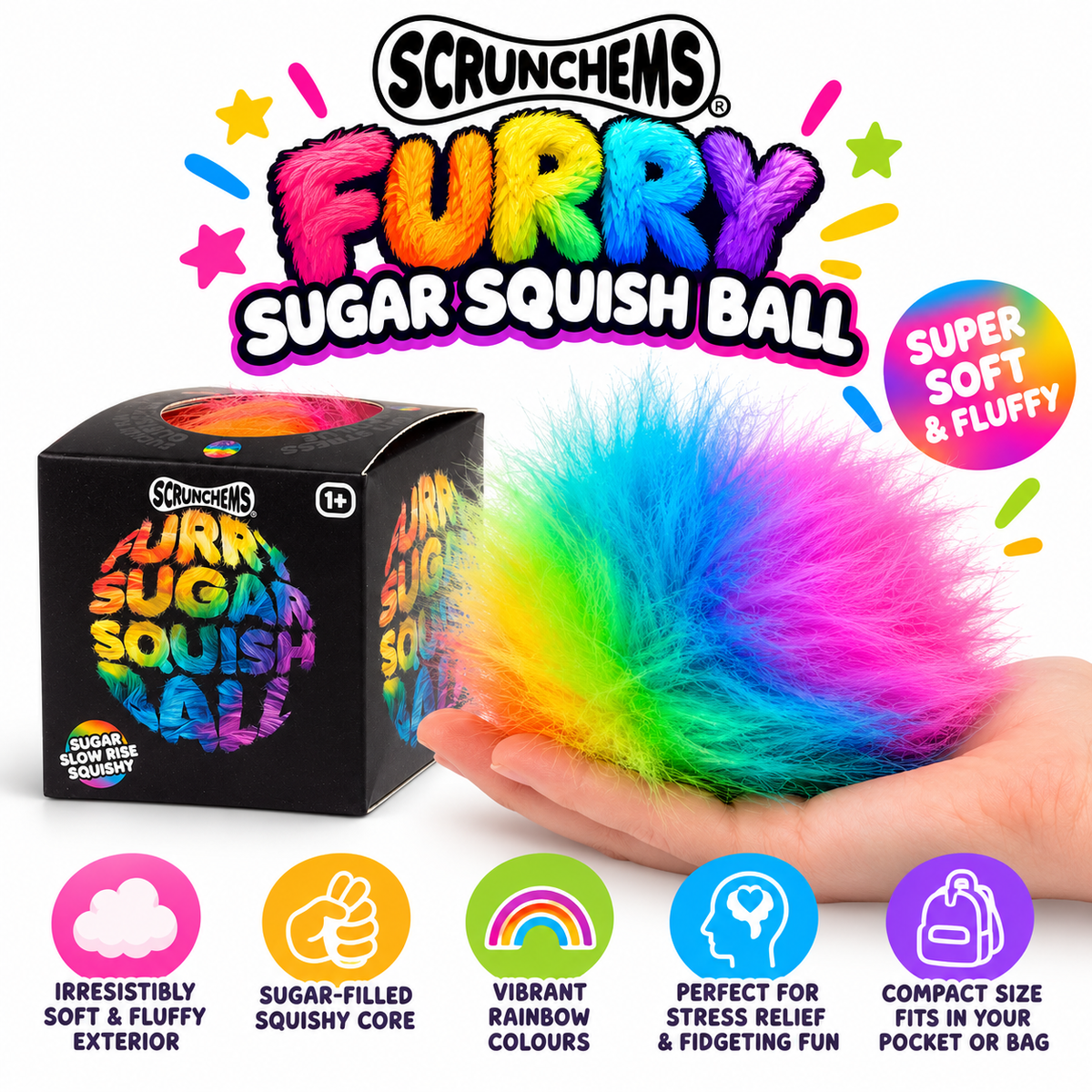 Scrunchems Furry Sugar Squish Ball – Rainbow Fluffy Sensory Toy