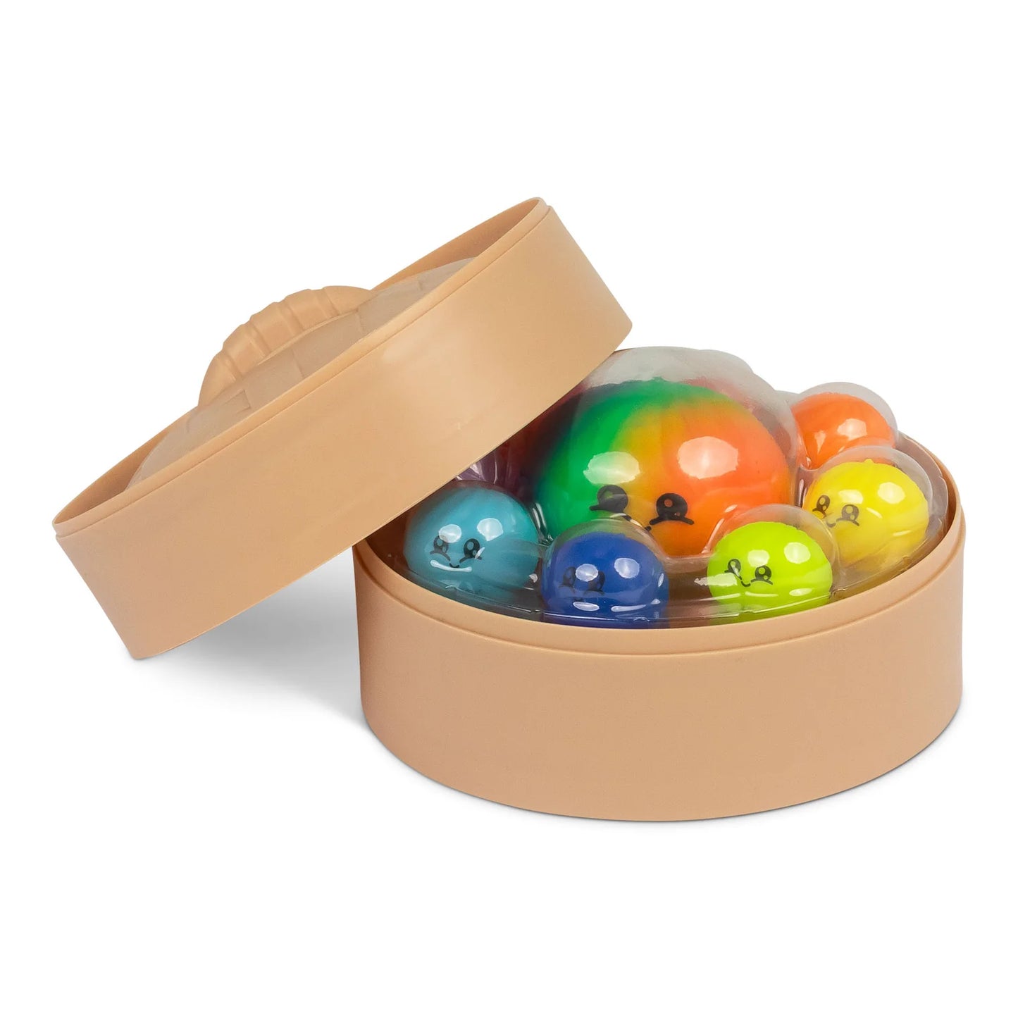 SCRUNCHEMS MEGA RAINBOW DUMPLING SET open tan container on a white background