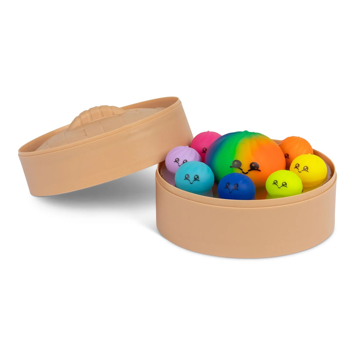 SCRUNCHEMS MEGA RAINBOW DUMPLING SET tan container on a white background