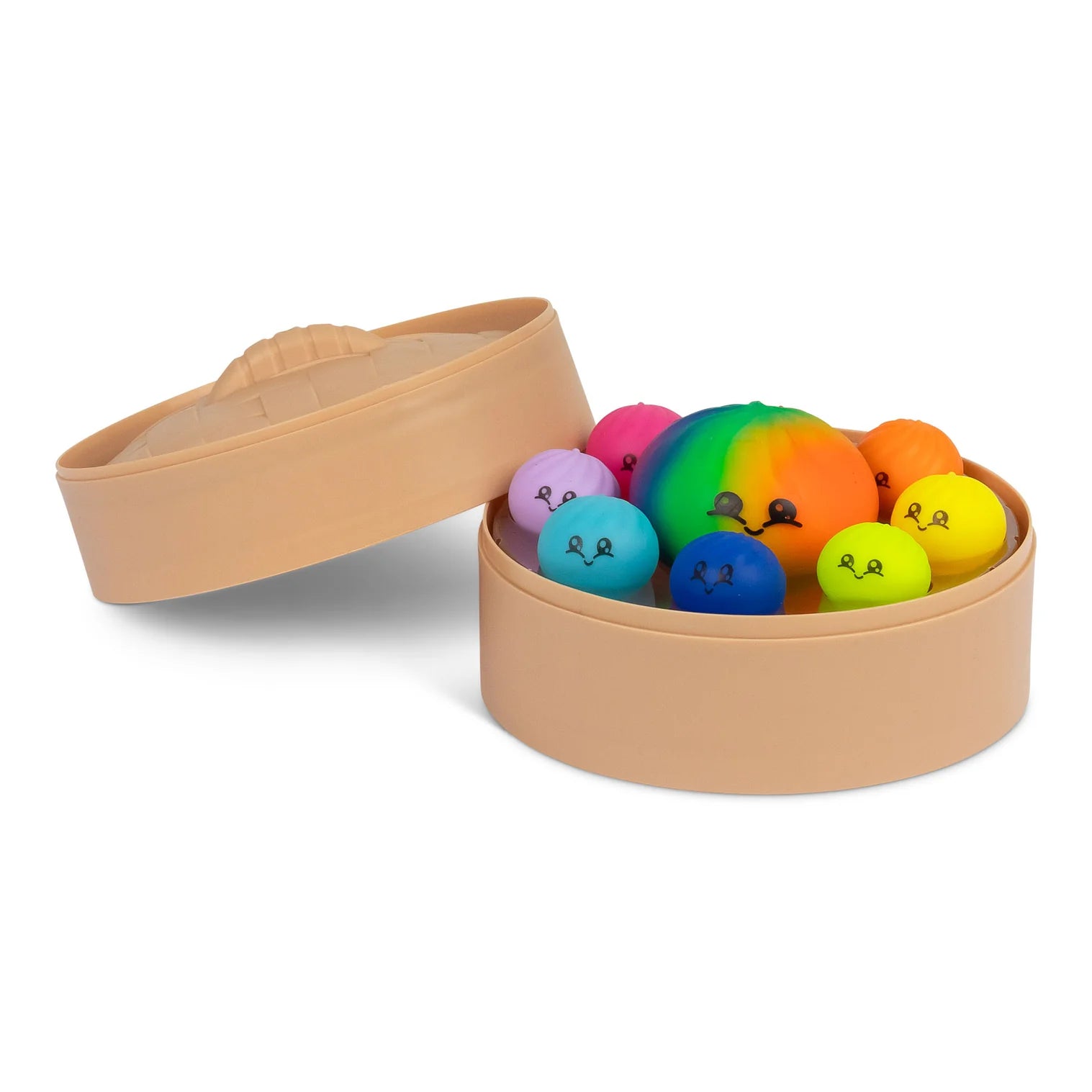 SCRUNCHEMS MEGA RAINBOW DUMPLING SET tan container on a white background