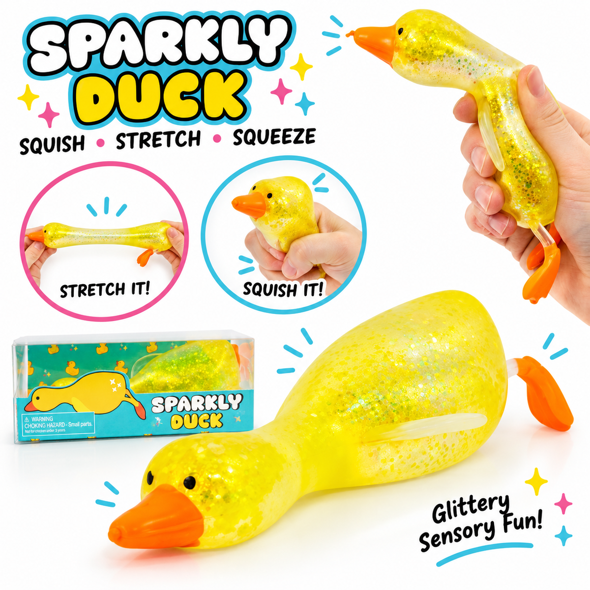Sparkly Stretchy Duck – Glitter Squishy Sensory Toy
