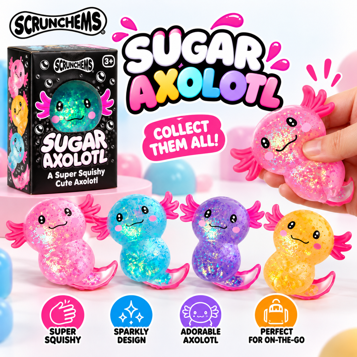 Scrunchems Sugar Axolotl Squishy Fidget Sensory Toy – Soft Squeeze Stress Relief