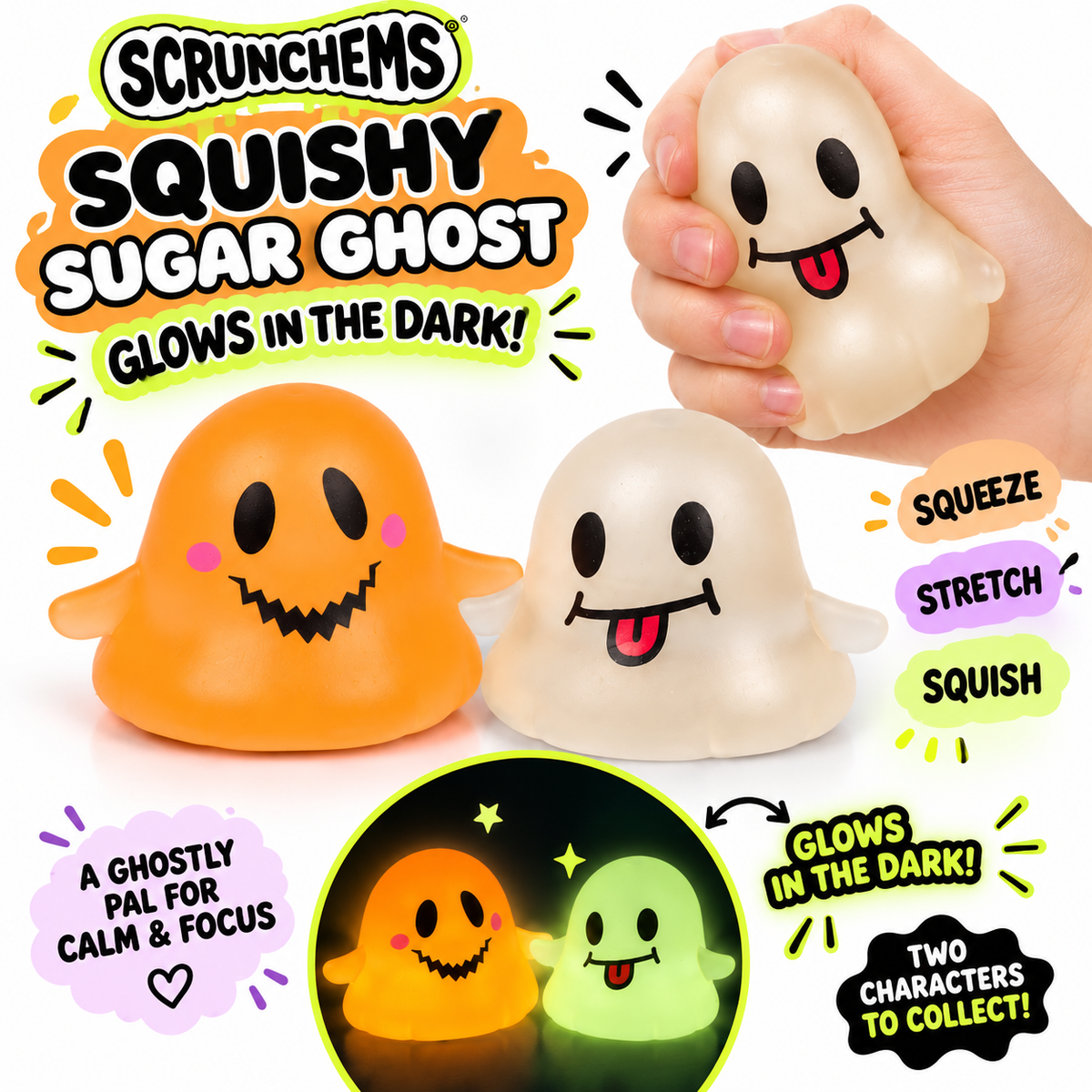 SCRUNCHEMS Glow in the Dark Sugar Ghost – Sensory Fidget Toy
